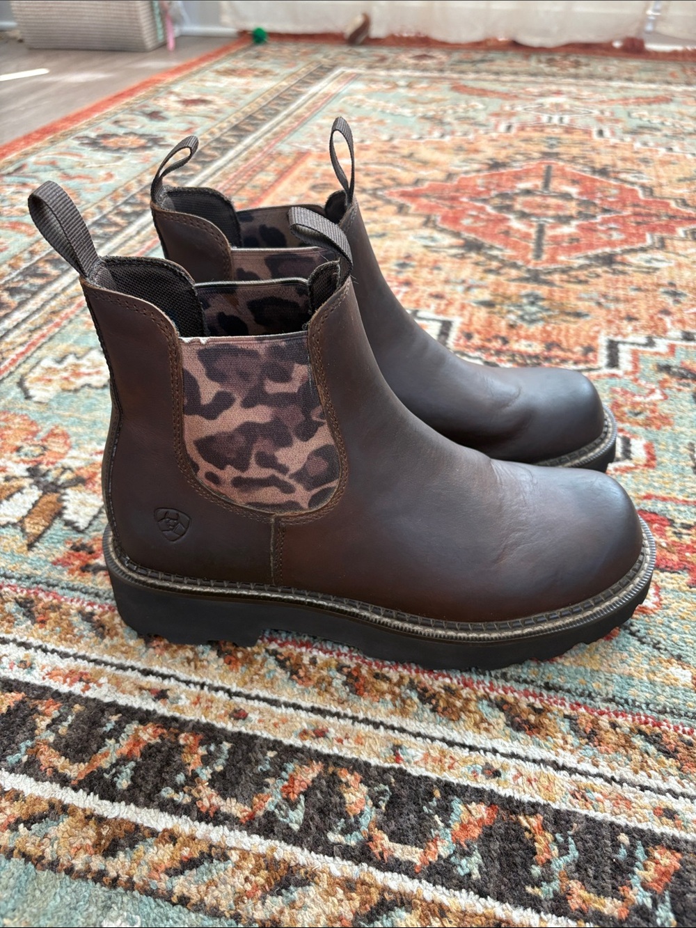 Ariat Womens Ankle Boot 8 B Fatbaby Leather Leopard Print Tan Twin Gore